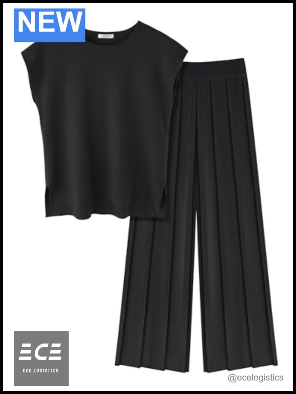 Knit Viscose Blend Two Piece Lounge Set Cap Sleeve Wide Leg Pleated Pants
